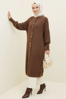 Metal Düğmeli Uzun Sakallı Hırka Kahve - Thumbnail