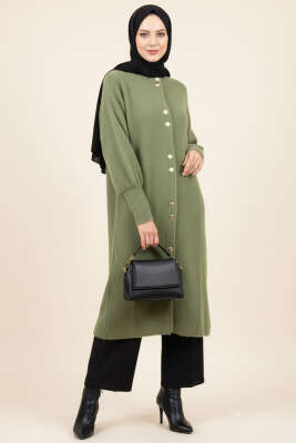 Metal Düğmeli Uzun Sakallı Hırka Haki - Thumbnail