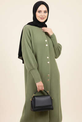 Metal Düğmeli Uzun Sakallı Hırka Haki - Thumbnail