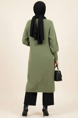 Metal Düğmeli Uzun Sakallı Hırka Haki - Thumbnail