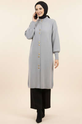 Metal Düğmeli Uzun Sakallı Hırka Gri - Thumbnail