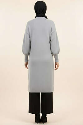 Metal Düğmeli Uzun Sakallı Hırka Gri - Thumbnail