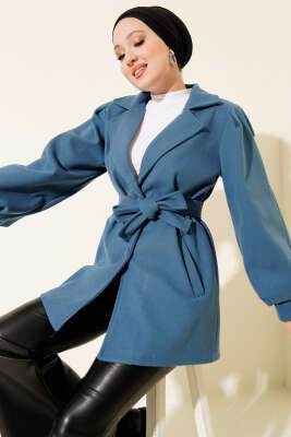 Pazarium - Balon Kol Kuşaklı Kısa Kaban Mavi