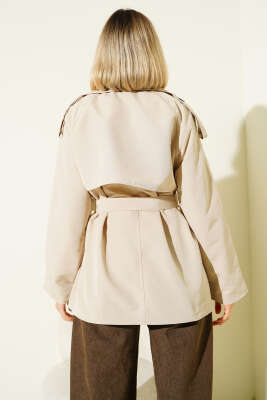 Kruvaze Kemerli Kısa Trençkot Taş - Thumbnail