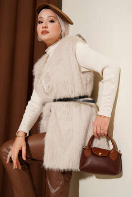 Pazarium - Kürklü Kemerli Yelek Bej