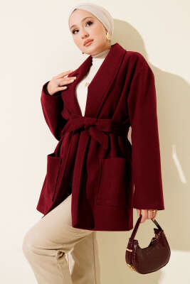 Pazarium - Çift Cepli Kruvaze Kuşaklı Kısa Kaban Bordo