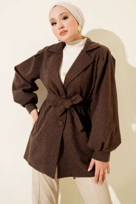 Pazarium - Balon Kol Kuşaklı Kısa Kaban Kahve