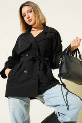 Pazarium - Kruvaze Kemerli Kısa Trençkot Siyah