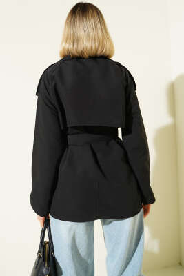 Kruvaze Kemerli Kısa Trençkot Siyah - Thumbnail