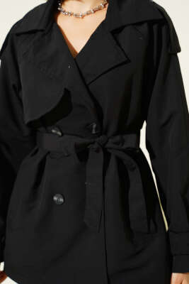 Kruvaze Kemerli Kısa Trençkot Siyah - Thumbnail