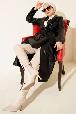 Deri Kuşaklı Kruvaze Yaka Trençkot Siyah - Thumbnail