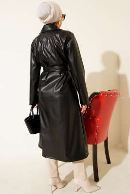 Deri Kuşaklı Kruvaze Yaka Trençkot Siyah - Thumbnail