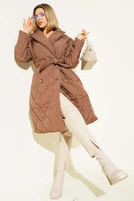 Pazarium - Kruvaze Yaka Kapitone Kuşaklı Mont Kahve