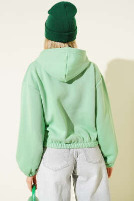 Kapüşonlu Şardonlu Kısa Hırka Yeşil - Thumbnail