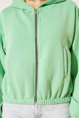 Kapüşonlu Şardonlu Kısa Hırka Yeşil - Thumbnail