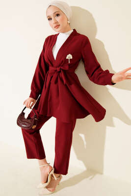 Pazarium - Kuşak Detaylı İkili Takım Bordo