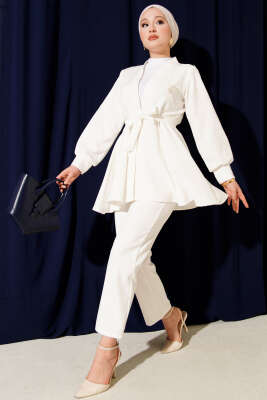 Pazarium - Kuşak Detaylı İkili Takım Ekru