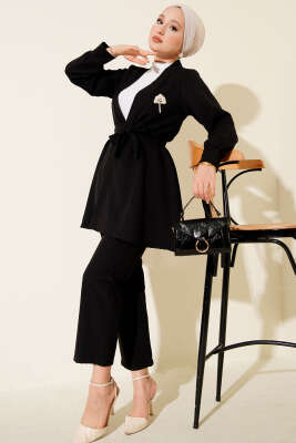 Pazarium - Kuşak Detaylı İkili Takım Siyah