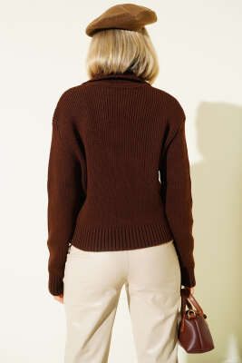 Önü İp Bağlamalı Triko Hırka Kahve - Thumbnail