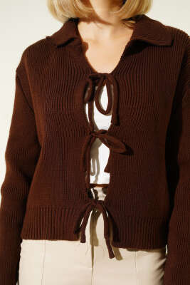 Önü İp Bağlamalı Triko Hırka Kahve - Thumbnail