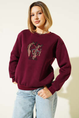 Ride A Cowboy Baskılı Sweatshirt Mürdüm - Thumbnail