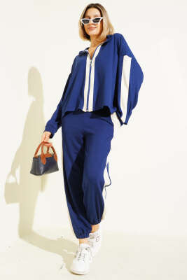 Pazarium - Fermuarlı Şeritli İkili Takım Lacivert