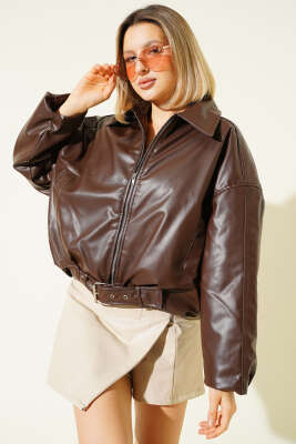 Bomber Kemer Detaylı Deri Ceket Kahve - Thumbnail