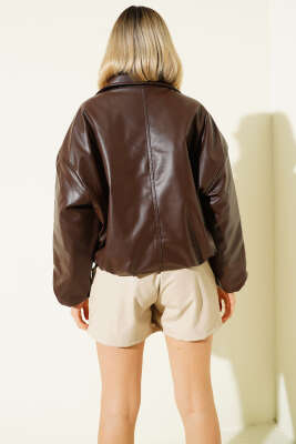 Bomber Kemer Detaylı Deri Ceket Kahve - Thumbnail