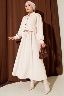 Önü Düğmeli İkili Takım Elbise Bej - Thumbnail