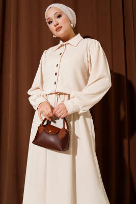 Önü Düğmeli İkili Takım Elbise Bej - Thumbnail