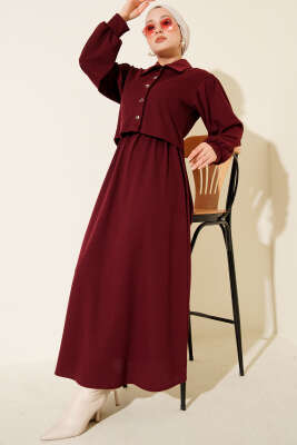 Önü Düğmeli İkili Takım Elbise Bordo - Thumbnail