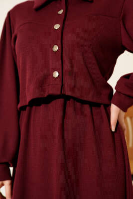 Önü Düğmeli İkili Takım Elbise Bordo - Thumbnail