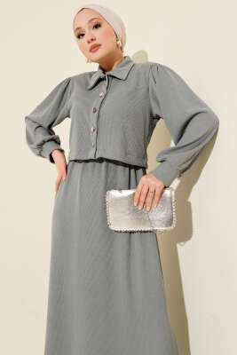 Önü Düğmeli İkili Takım Elbise Gri - Thumbnail