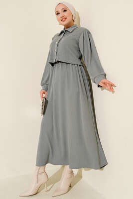 Önü Düğmeli İkili Takım Elbise Gri - Thumbnail