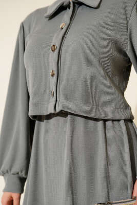 Önü Düğmeli İkili Takım Elbise Gri - Thumbnail