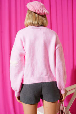 Kurdele İşlemeli Triko Kazak Pembe - Thumbnail