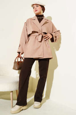 Süet Pelerinli Kuşaklı Trençkot Bej - Thumbnail