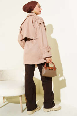 Süet Pelerinli Kuşaklı Trençkot Bej - Thumbnail