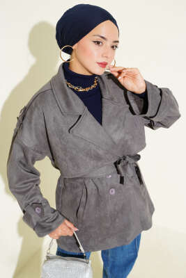 Pazarium - Süet Pelerinli Kuşaklı Trençkot Füme