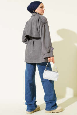 Süet Pelerinli Kuşaklı Trençkot Füme - Thumbnail