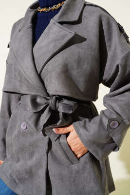 Süet Pelerinli Kuşaklı Trençkot Füme - Thumbnail