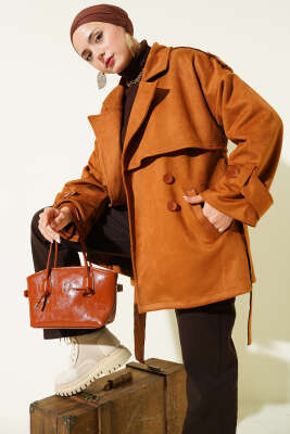 Süet Pelerinli Kuşaklı Trençkot Taba - Thumbnail