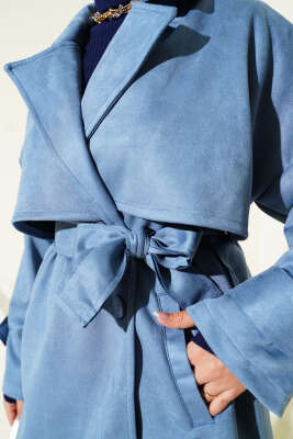 Süet Pelerinli Kuşaklı Trençkot Mavi - Thumbnail