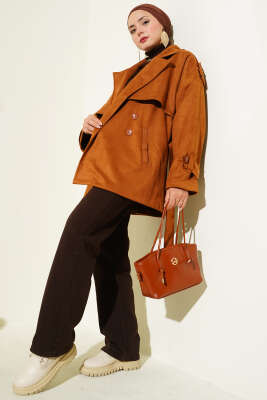 Süet Pelerinli Kuşaklı Trençkot Taba - Thumbnail