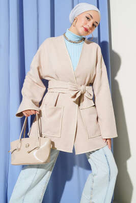 Pazarium - Deri Biyeli Cepli Ceket Bej