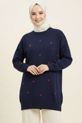 Pazarium - Mini Fiyonklu Triko Tunik Lacivert