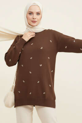 Pazarium - Mini Fiyonklu Triko Tunik Kahve