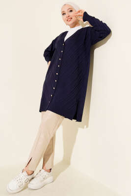 Pazarium - Kol Düğme Detaylı Triko Hırka Lacivert