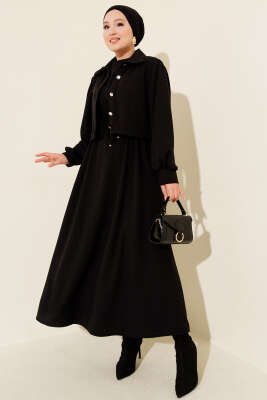 Pazarium - Önü Düğmeli İkili Takım Elbise Siyah