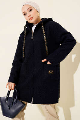 Pazarium - Fermuarlı Cep Armalı Buklet Kaban Lacivert